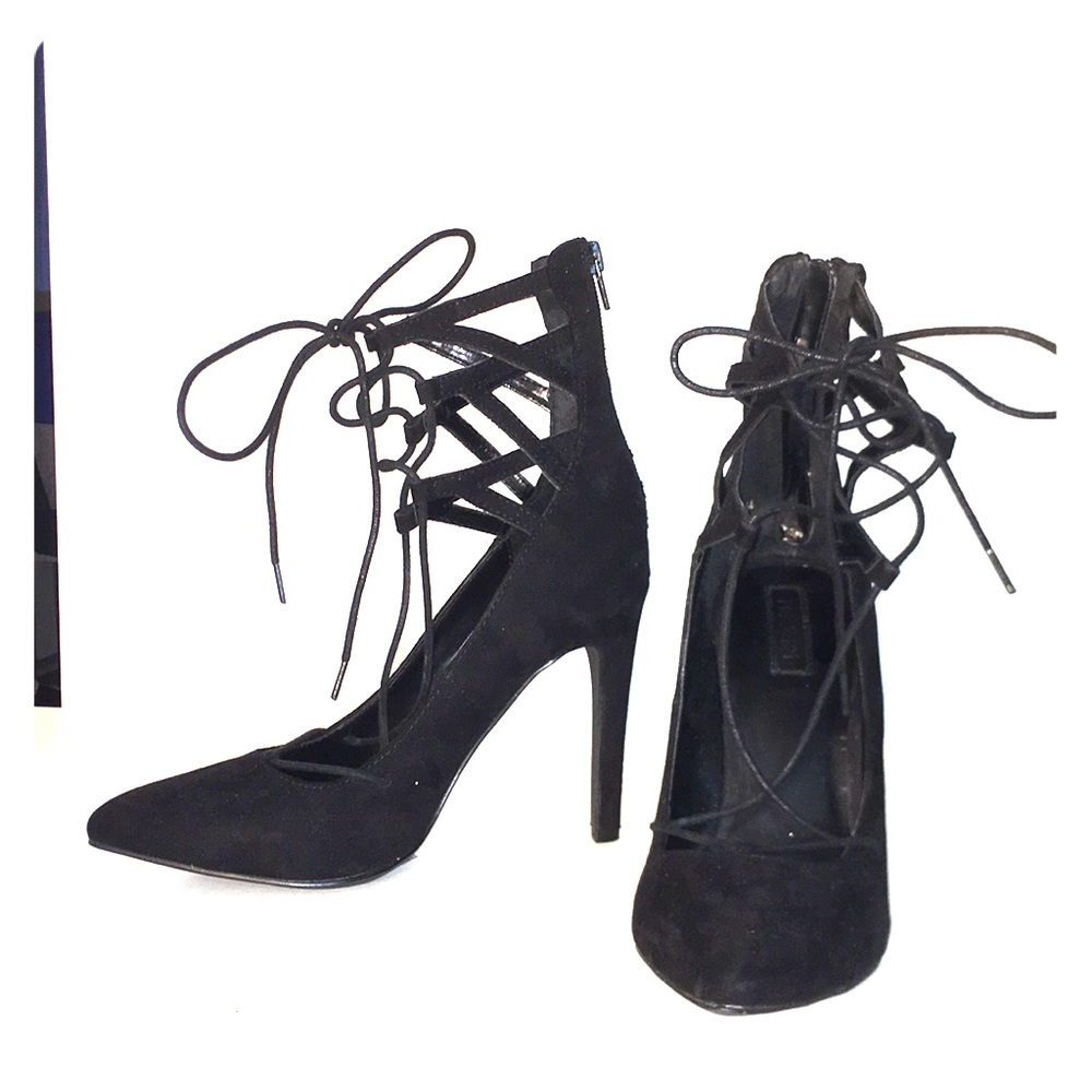 Black Lace up Pointed Toe Heel